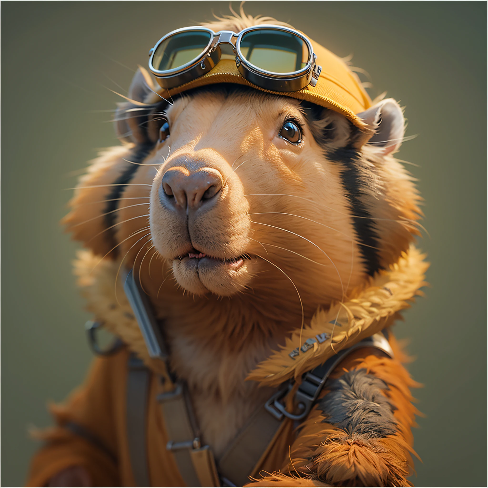 Head of a cute capybara as an aviator, cinema, malvada, capybara head, Foco claro, soft-lighting, cores vibrantes, obra-prima, dinamic pose, energia brilhante, luz brilhante, explosion effect, atmosfera tensa, (octane rendering: 1.4), melhor qualidade, (Altamente realista), (super detalhe: 1.5), C4D render, cinematic quality, 8k, ultra render --auto