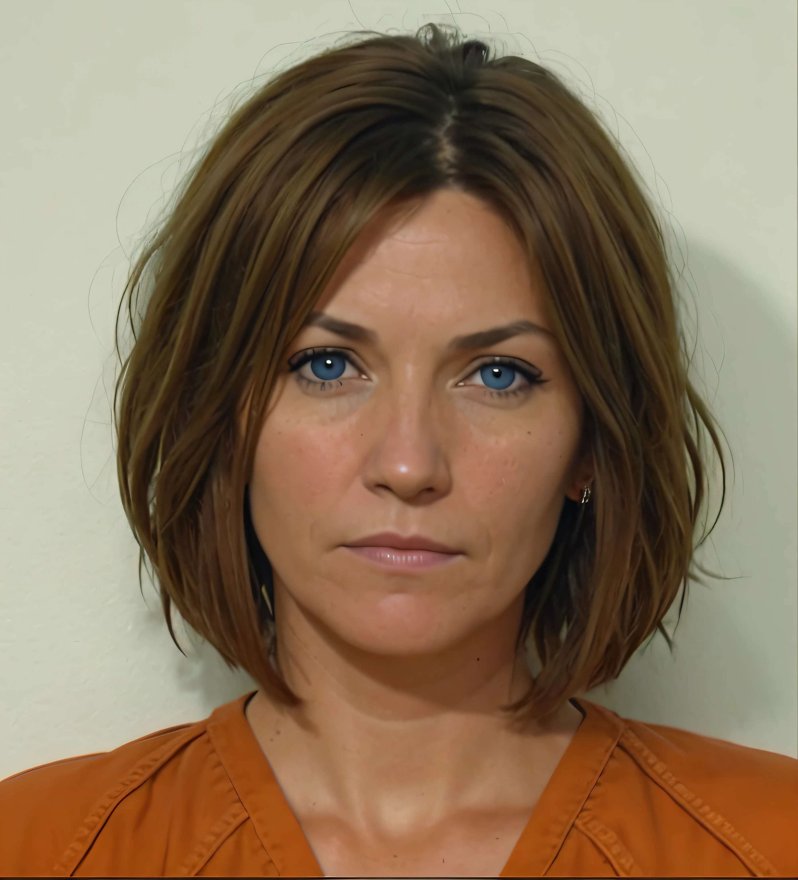 arafed woman with a short brown hair and a blue shirt, mugshot!!!!!, nicole de boer, mugshot!!!, mugshot, rendering of close up portrait, light brown hair blue eyes, with short hair, supermodel in silent hill, mug shot, in jail, detailed color portrait, dressed in orange inmate attire, with short straight brown hair, the woman is behind bars