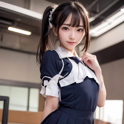 Raise one leg、Full body photo、Wearing a school uniform、cosplay foto、tiny chest、Raw photography, top-quality, hight resolution, (...