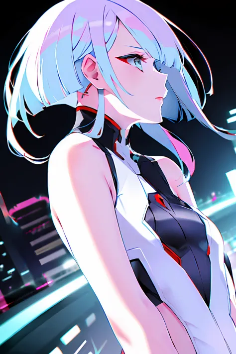 lucy \(cyberpunk\), 1girl, bangss, bblurry, short hair, (tiny chest), cyberpunked、gradient eyes、grey  eyes、white  hair、s lips、mi...