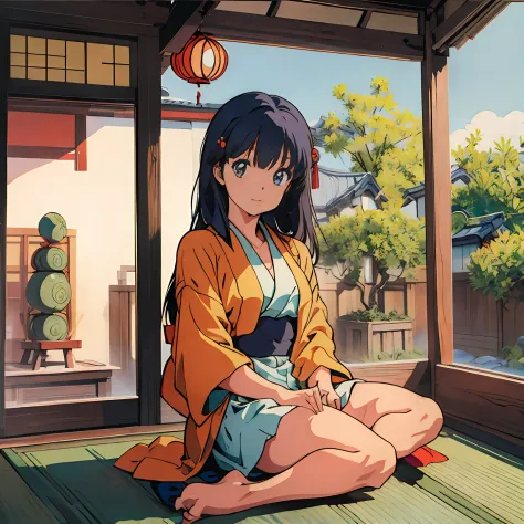 (masterpiece), (best quality), (1girl), solo, sexy, perfect body, kimono, sitting, sunny day, Japanese traditional house, wind c...