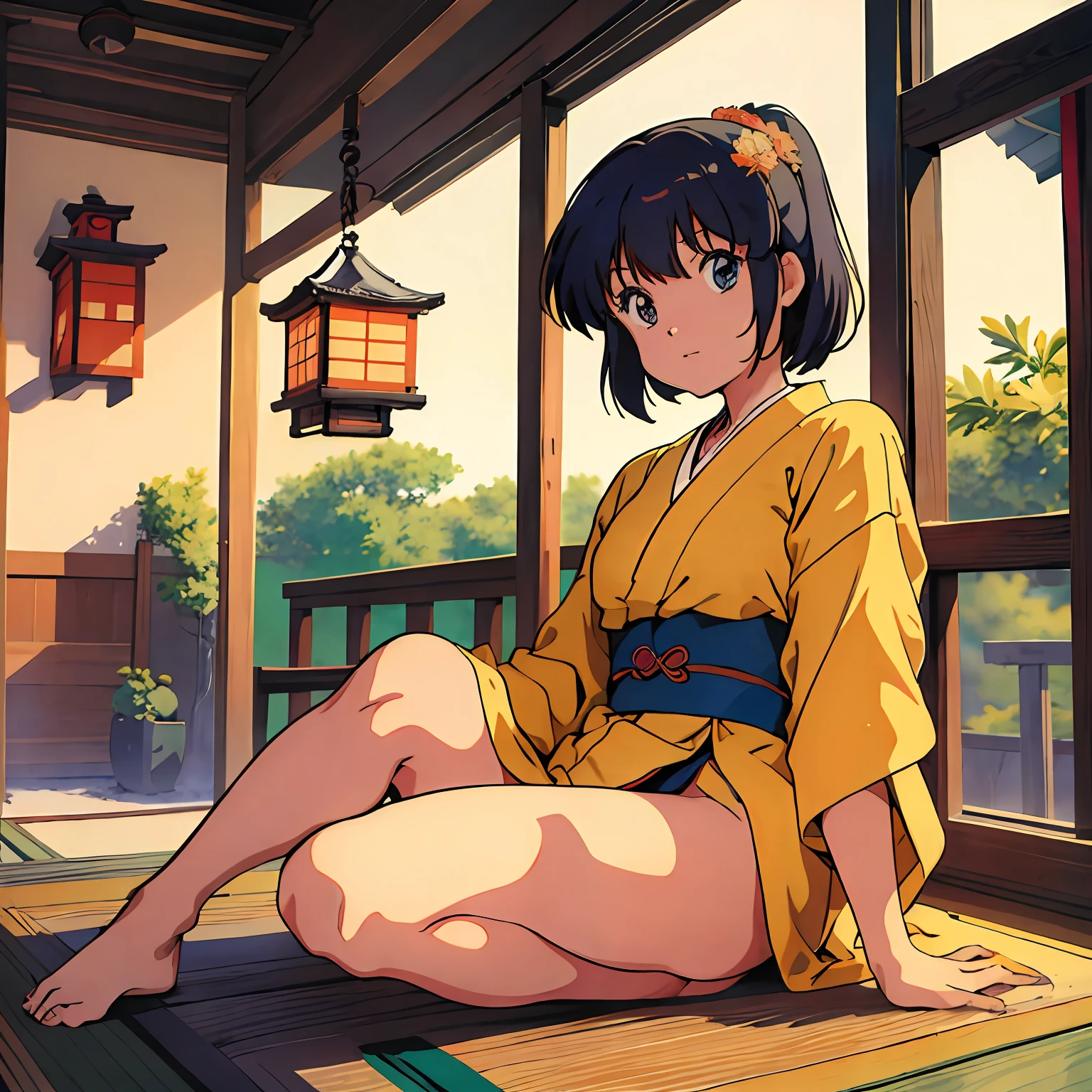 (Meisterwerk), (beste Qualität), (1 Mädchen), Allein, sexy, perfekter Körper, Kimono, Sitzung, sonniger Tag, Traditionelles japanisches Haus, Windspiel, Anime-Serie, Stil der 1980er Jahre