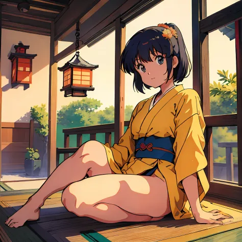 (masterpiece), (best quality), (1girl), solo, sexy, perfect body, kimono, sitting, sunny day, Japanese traditional house, wind c...