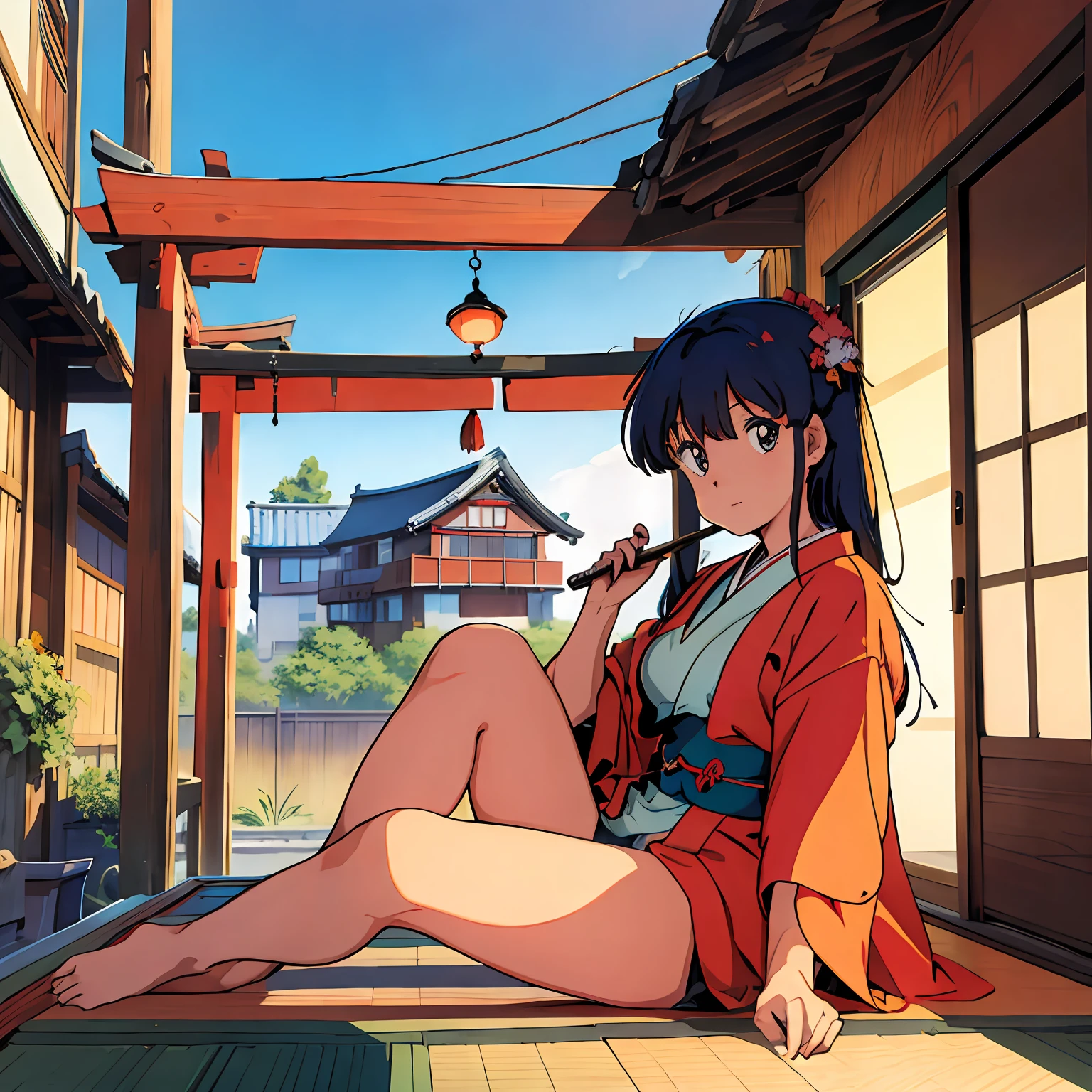 (Meisterwerk), (beste Qualität), (1 Mädchen), Allein, sexy, perfekter Körper, Kimono, Sitzung, sonniger Tag, Traditionelles japanisches Haus, Windspiel, Anime-Serie, Stil der 1980er Jahre