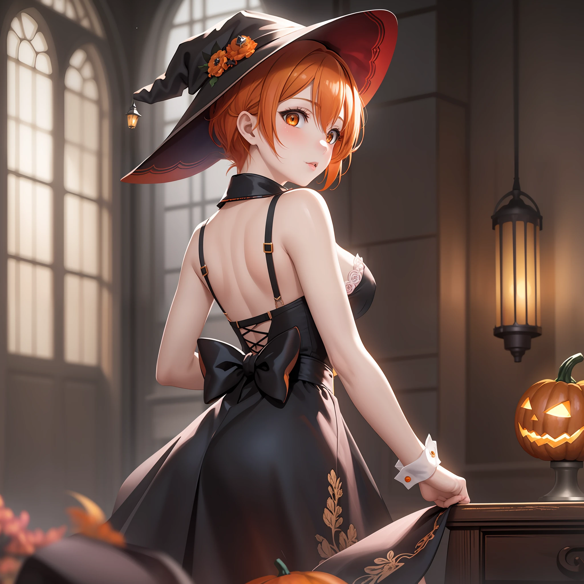 (masterpiece), (best quality), 8k resolution, Hoshizora rin, solo, orange hair, sexy, sexy maid dress, witch, front light, cinematic light, cold light, dark background, witch hat, indoor, mystery, fantasy, pumkin, moist skin,(lips:0.6), from behind