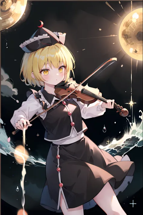 masutepiece, Best Quality, Lunatha Prism River,1girl in,Yellow eyes,violin,Bow (Music),musical instrument,hat,Blonde hair, Short hair, Long sleeves, Skirt,greybackground,