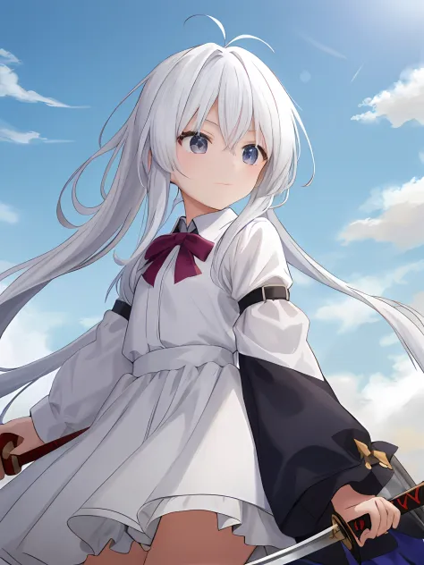 the left and right single ponytailed white-haired loli looked up at the sky back to back, holding her sword and swinging her swo...