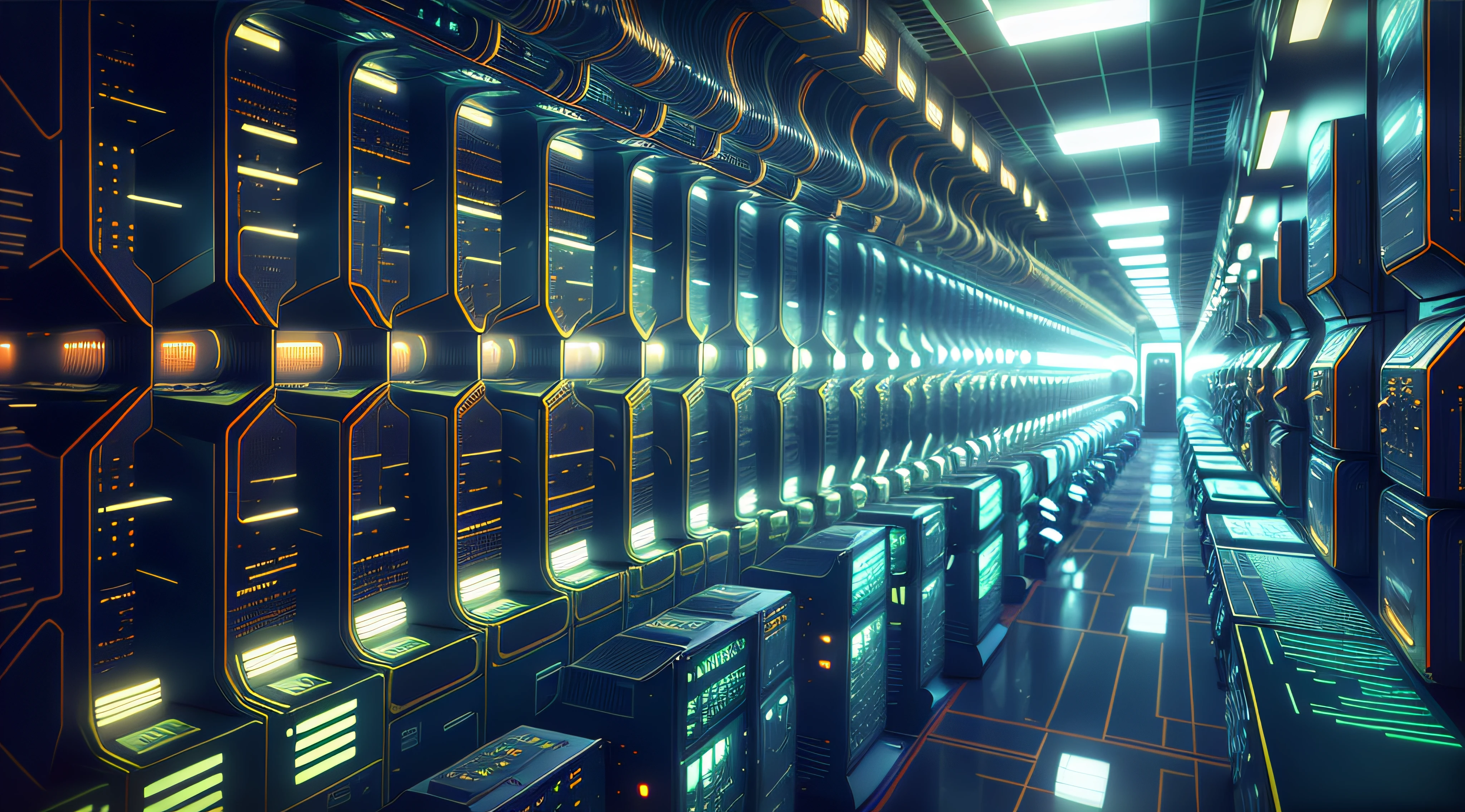 a dimly lit hallway with rows of data and computer screens, background is data server room, hacking into the mainframe, cyber space, in realistic data center, 3840x2160, 3840 x 2160, spaceship hallway background, cyber architecture, surreal cyberspace, in detailed data center
