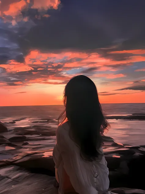 arafed woman sitting on a rock looking out at the ocean, watching the sunset, looking out at a sunset, girl watching sunset, wit...