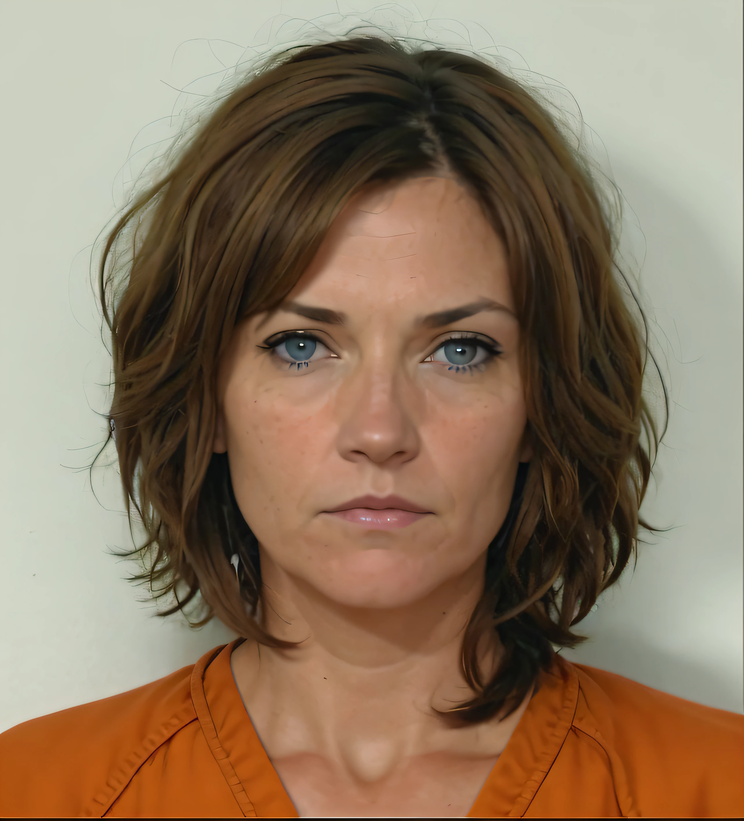 arafed woman with a short brown hair and a blue shirt, mugshot!!!!!, nicole de boer, mugshot!!!, mugshot, rendering of close up portrait, light brown hair blue eyes, with short hair, supermodel in silent hill, mug shot, in jail, detailed color portrait, dressed in orange inmate attire, with short straight brown hair, the woman is behind bars