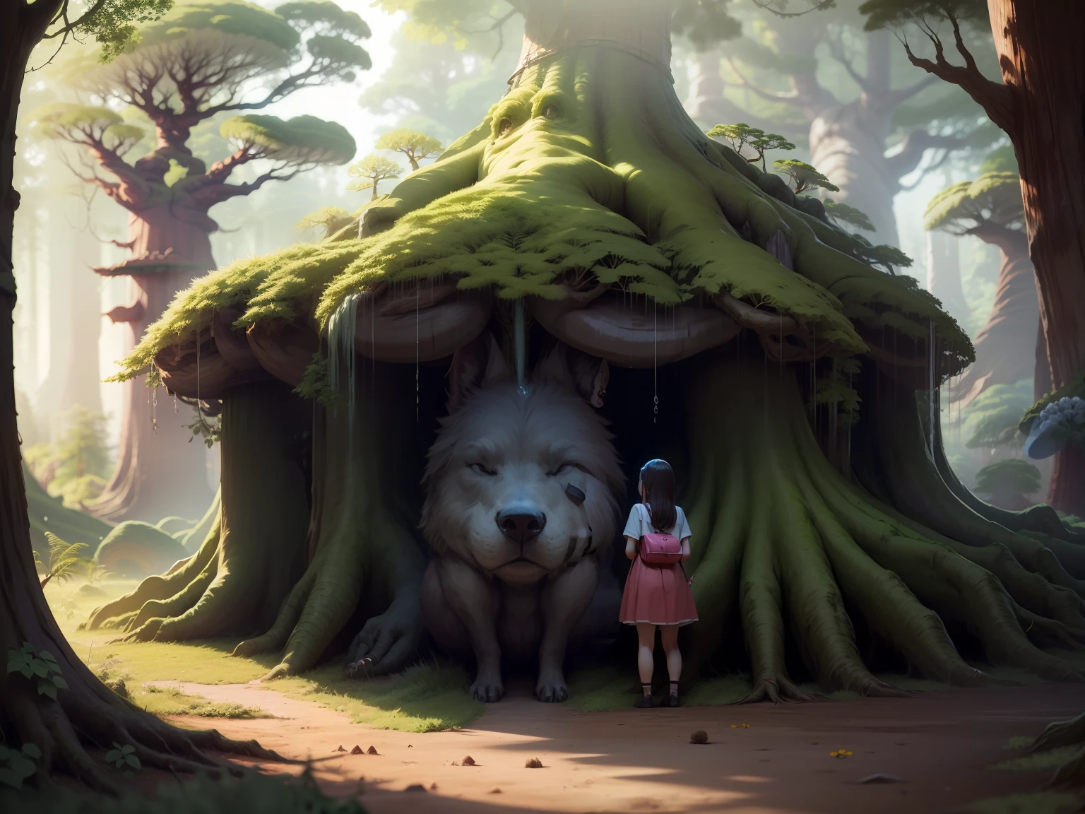 There is a girl standing in front of a tree house with a dog - SeaArt AI