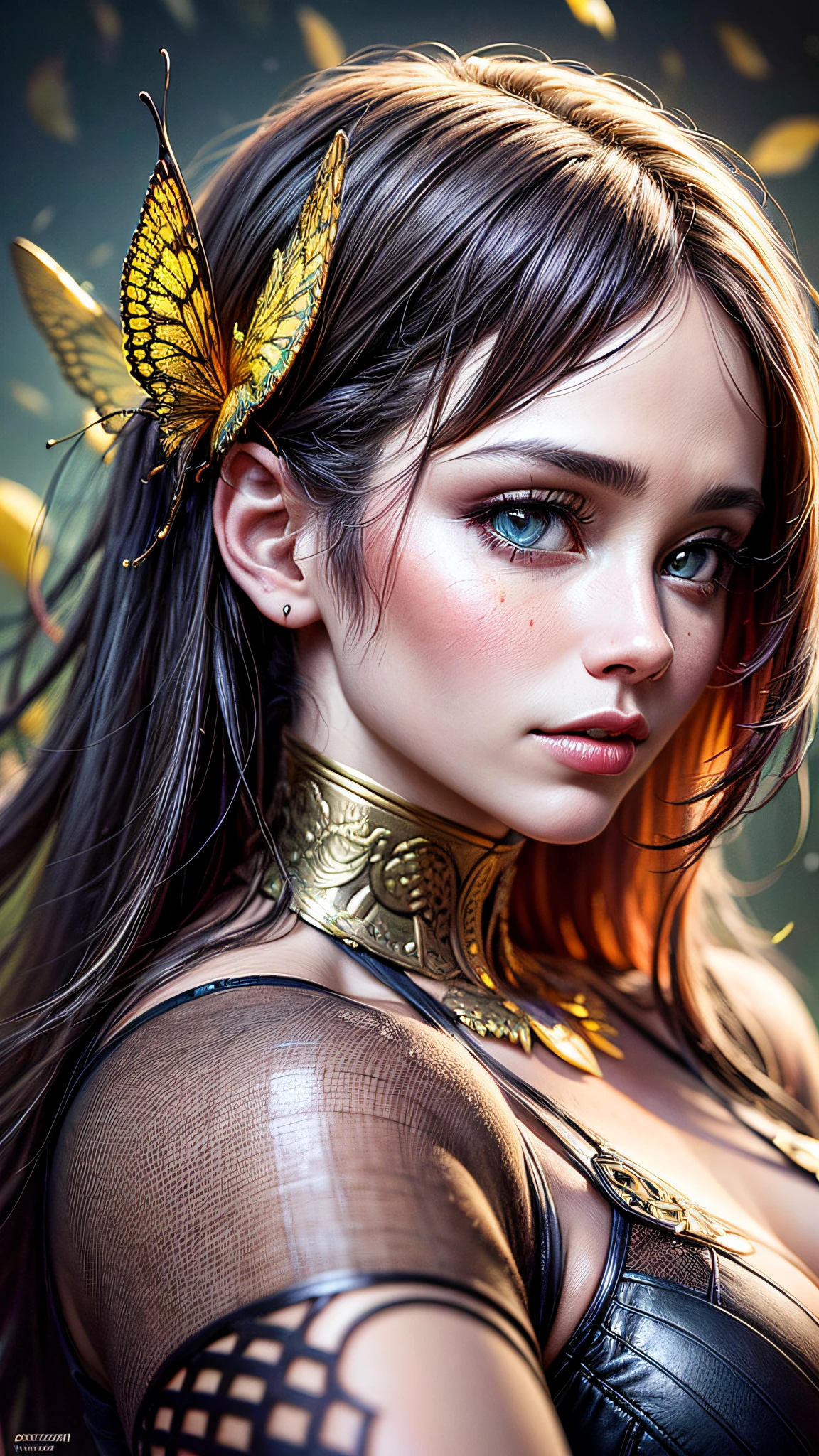((masterpiece):1.3),((best quality):1.3), (highres:1.1), ((ultra-detailed realistic image):1.3) beautiful cyborg with brown hair, intricate, elegant, highly detailed, majestic , digital photography, art by artgerm and ruan jia and greg rutkowski surreal painting of filigree golden butterfly, shattered glass, (masterpiece, side lighting, beautiful eyes finely detailed: 1.2), hdr, neon intricate to detail