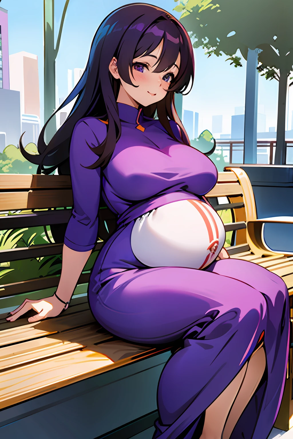 Anime pregnant woman sitting on a bench in a city park - SeaArt AI