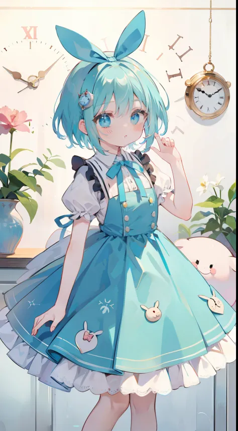 alice in the wonderland、Blue ribbon on head、Alice in Wonderland Costume、Clock background、​masterpiece、Top image quality、top-quality、cute little、