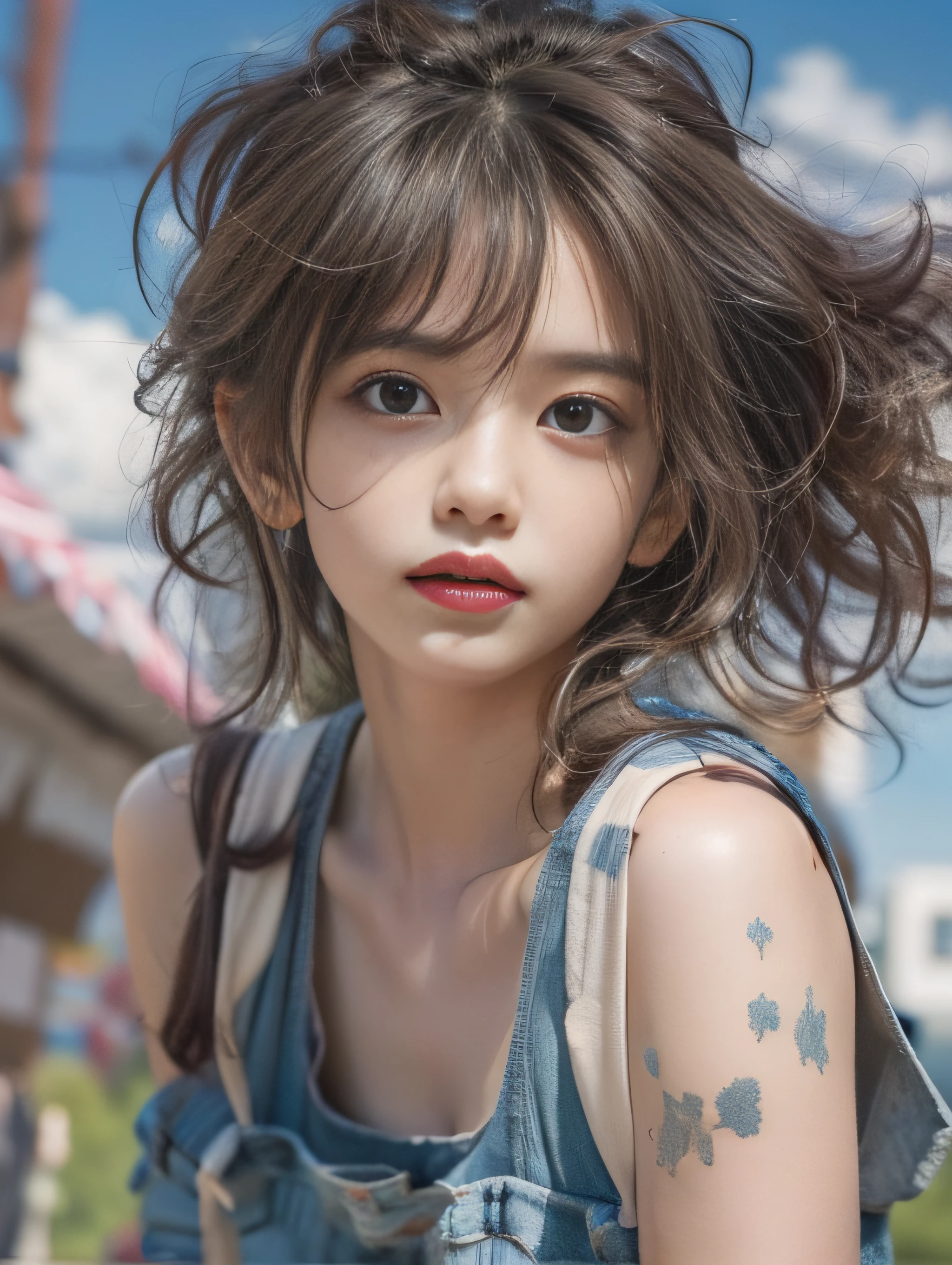 ​masterpiece、High-quality viewers、One beautiful model of JPNIODL、beautiful brown hair、A detailed eye、Tank Tops、denim short pants、Cityscape with blue sky and white clouds、8K High Resolution、Momentary Pose、细致背景、Drawing with enhanced hair detail、A detailed face、more hair、Detailed nose、Detailed mouth、Detailed body、stares at the camera、model poses、Paint with added more hair details