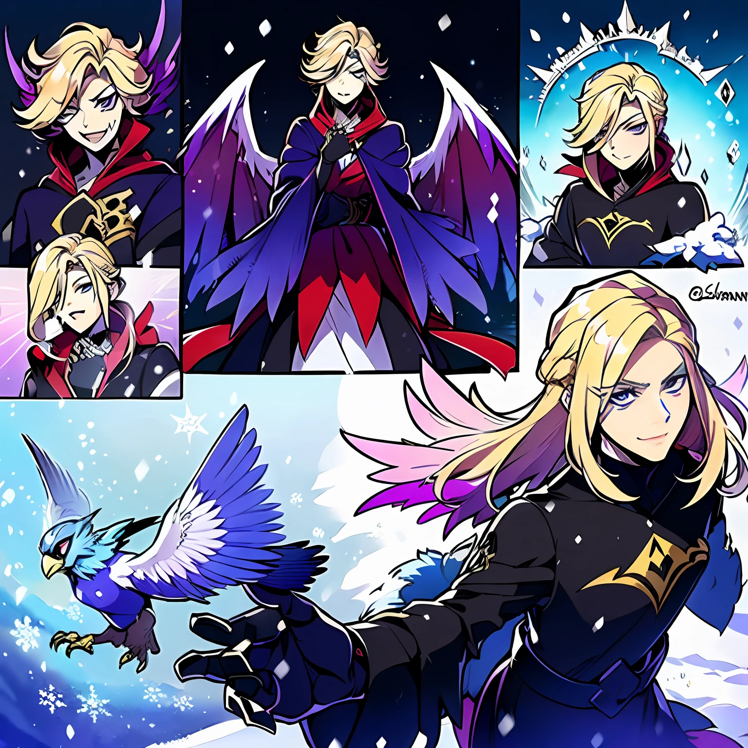 digimon \(creature\),masterpiece, best quality, Beautiful Art Style, 1boy, Solo,young man, ((Vil Schoenheit as a Digimon)), ((Evil queen from Snow White themed )),((Glass Wings)), ((Bird like)),(( Blonde hair with a purple gradient))((White , Purple and Light blue color scheme)), Dynamic pose, Mid transformation sequence , stylish pose