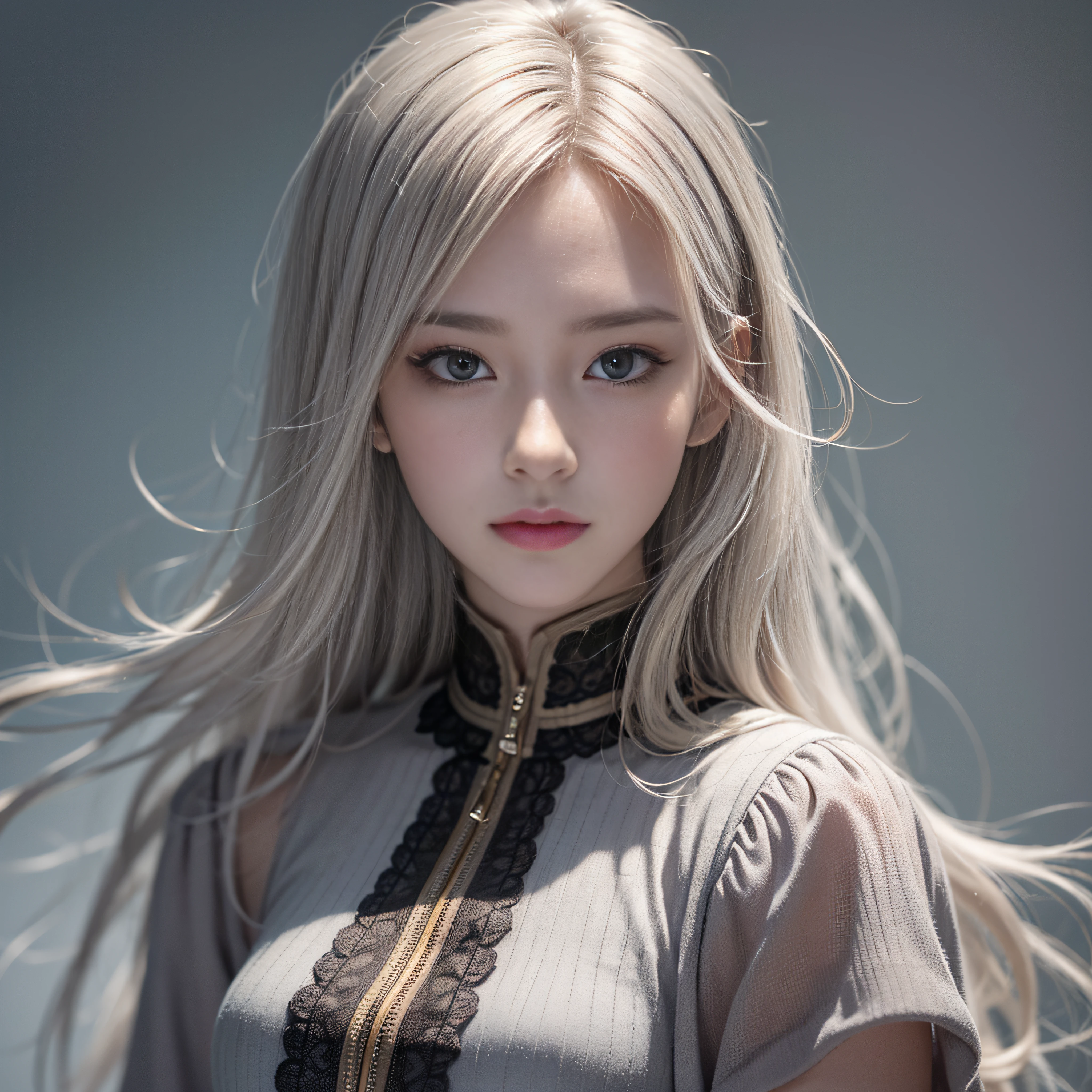 An 18-year-old beauty in cool clothes fell from the air，tmasterpiece， best qualtiy， 35mm， 8K， absurderes， beuaty girl， （The upper part of the body， light grey background：1.4）， （light grey classical dress， light grey hair：1.6）， Slender， Dark Studio， edge lit， Ultra photo realsisim， A high resolution， photography of， filmgrain， color difference， depth of fields， Sharp focus， hdr， face illuminated， 动态照明， cinmatic lighting， Professional shadows， dark shadow， highest details， extremy detailed， Hyper-detailing， finely detailled，real looking skin，exquisitefacialfeatures，detailed faces and eyes，Sharp pupils，realistic pupil，Zhuangtian