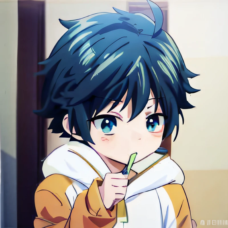 Anime boy with blue eyes and brown jacket holding a toothbrush，In the anime moe art style，As a cute young anime character，He wears his index finger，Tall，A green-haired boy with blue eyes like Midoriya Izumi。