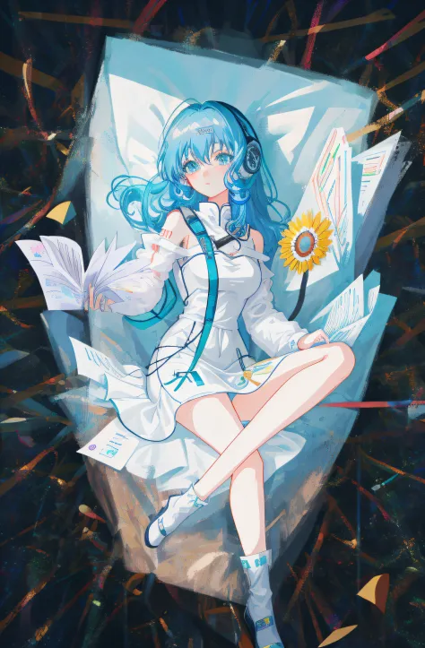 Anime girl with blue hair and glasses sitting on a pile of paper, vocaloid, Digital art on Pisif , mikudayo, nightcore, Anime ar...