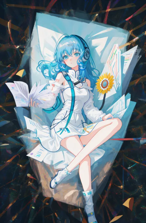 anime girl with blue hair and glasses sitting on a pile of paper, vocaloid, digital art on pisif , mikudayo, nightcore, anime ar...