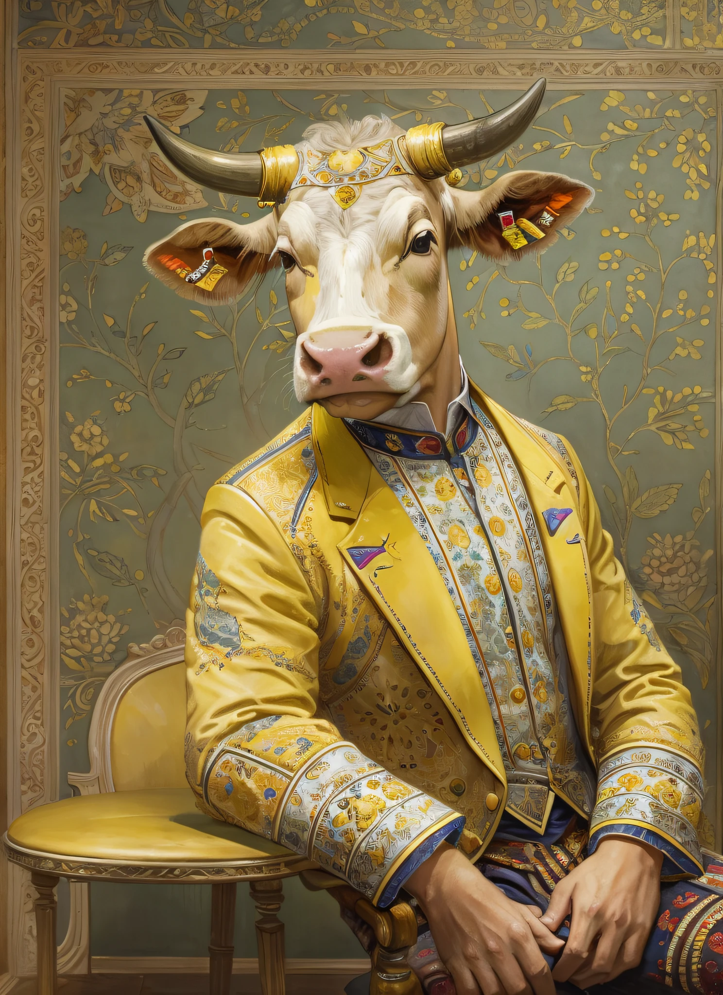Three-quarters side，A cow dressed in a gentleman's filigree patterned costume,The light yellow bullhead wears noble clothes,Sit in a gorgeous chair，rcasual，looking at book，Voith, painted in high resolution, Inspired by Albert Kuyp, Inspired by Nicolas Eliasson Pikenoi, inspired by Nicolaes Maes, sportrait, author：Tadeusz Pruszkówski, Inspired by Ferdinand Bohr's bullhead，The hand is a cow's hooves