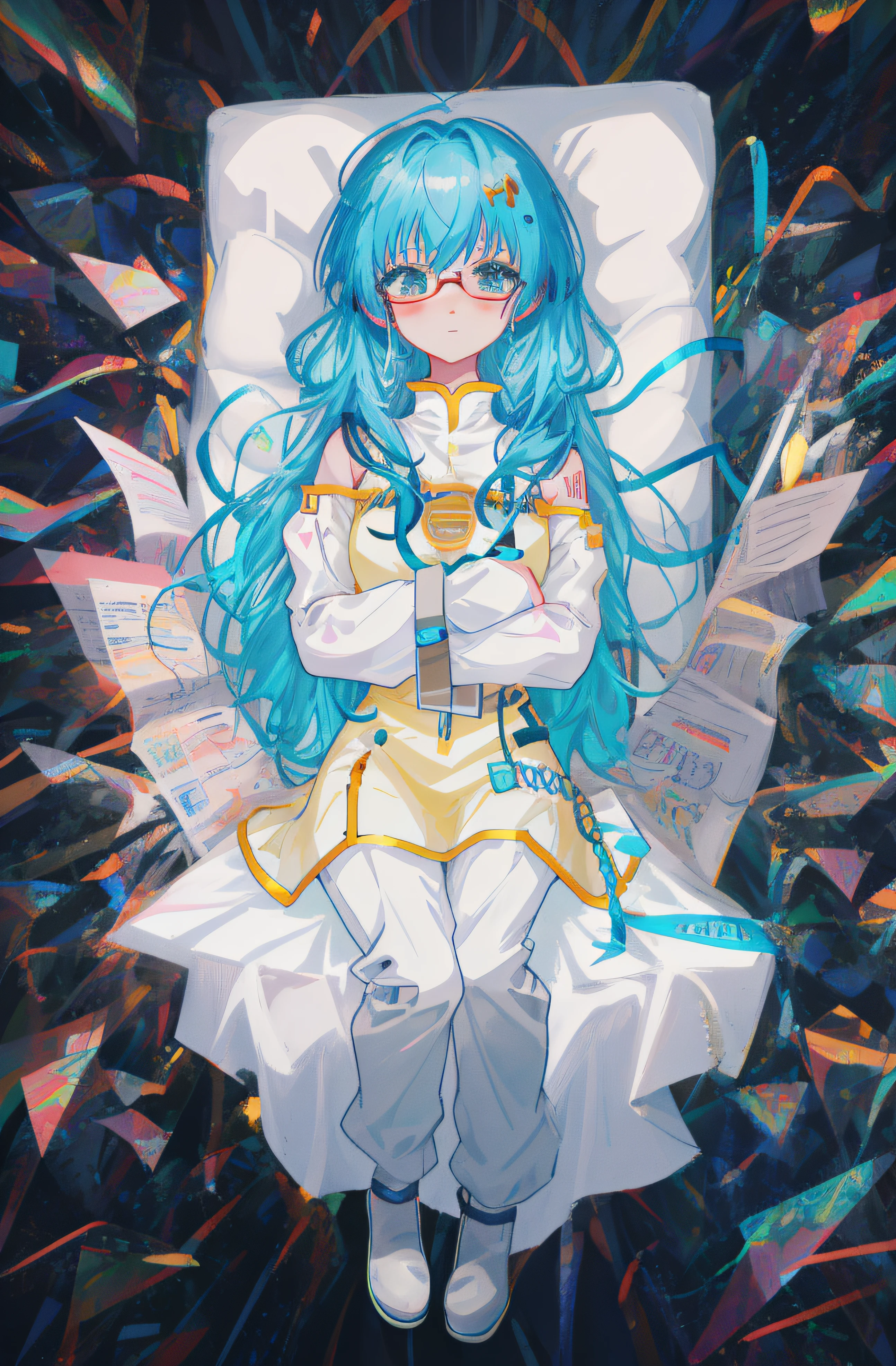 Anime girl with blue hair and glasses sitting on a pile of paper, vocaloid, Digital art on Pisif , mikudayo, nightcore, Anime art wallpaper 8 K, Pisif style, Pisif,  style of anime4 K, Anime girl with teal hair, By Yuumei, An anime cover, Pisif Contest Champion, anime styled digital art，best qualityer}， {{tmasterpiece}}， {Extremely Delicately Beautiful}，Excellent light and shadow，Extremely detailed wallpapers，Clear and bright sunlight，Blushlush，Strong sunshine，Exquisite Hair，authentic skin texture，droopy bosom，Clear pores and skin wrinkles，Wide shoulders，janelas，（（Strong light shines on the face））， full bodyesbian，Huge，Sagging chest，Open-chested cheongsam