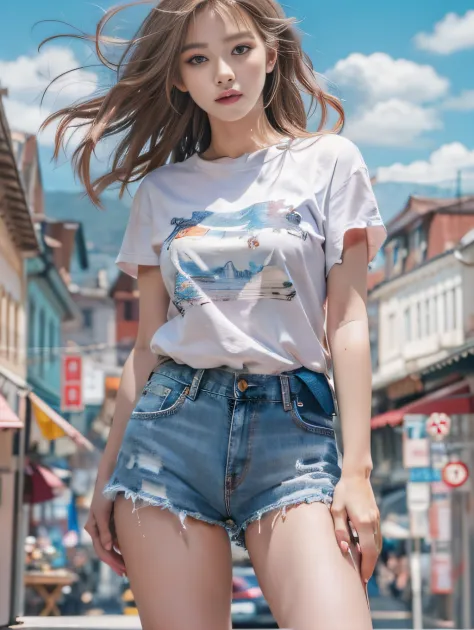 ​masterpiece、High-quality viewers、One beautiful model of JPNIODL、beautiful brown hair、A detailed eye、Performance T-shirt、denim s...