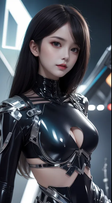 8K uhd, materpiece, a beautiful girl, detaild eye, good face, detaild eyebrow, beautiful outfit, black color outfit, cyberpunk, Cyberspace, shining, high lighting, whole body capture,