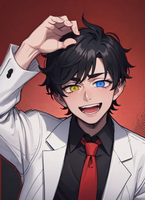 short black hair boy wearing white chemise and earthy black jacket, wearing red tie, heterochromia, laugh faace, white backgroun...