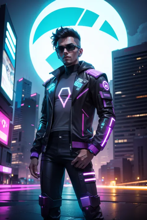 homem com roupa cyberpunk , cidade futurista com luzes neon , 3d uhd 4k