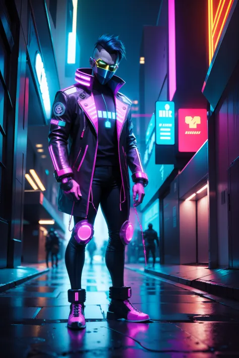 homem com roupa cyberpunk , cidade futurista com luzes neon , 3d uhd 4k