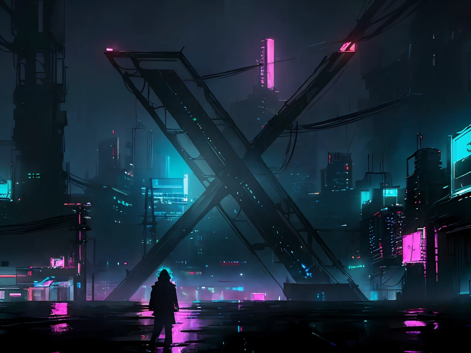 (best quality), ultra-realistic depiction of (cyberpunk city) at (night), emphasizing (gritty and dark atmosphere),(dense neon lights),(glowing technologic buildings), with (rain or fog or both) adding to the overall (mood).