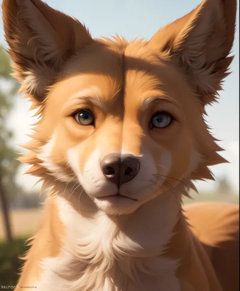 (realistic, best quality:1.2), ultra detailed, HDR, RAW, F/1.8, anthropomorphic dingo, insanely detailed eyes, pretty face, insanely detailed fur, plain t-shirt