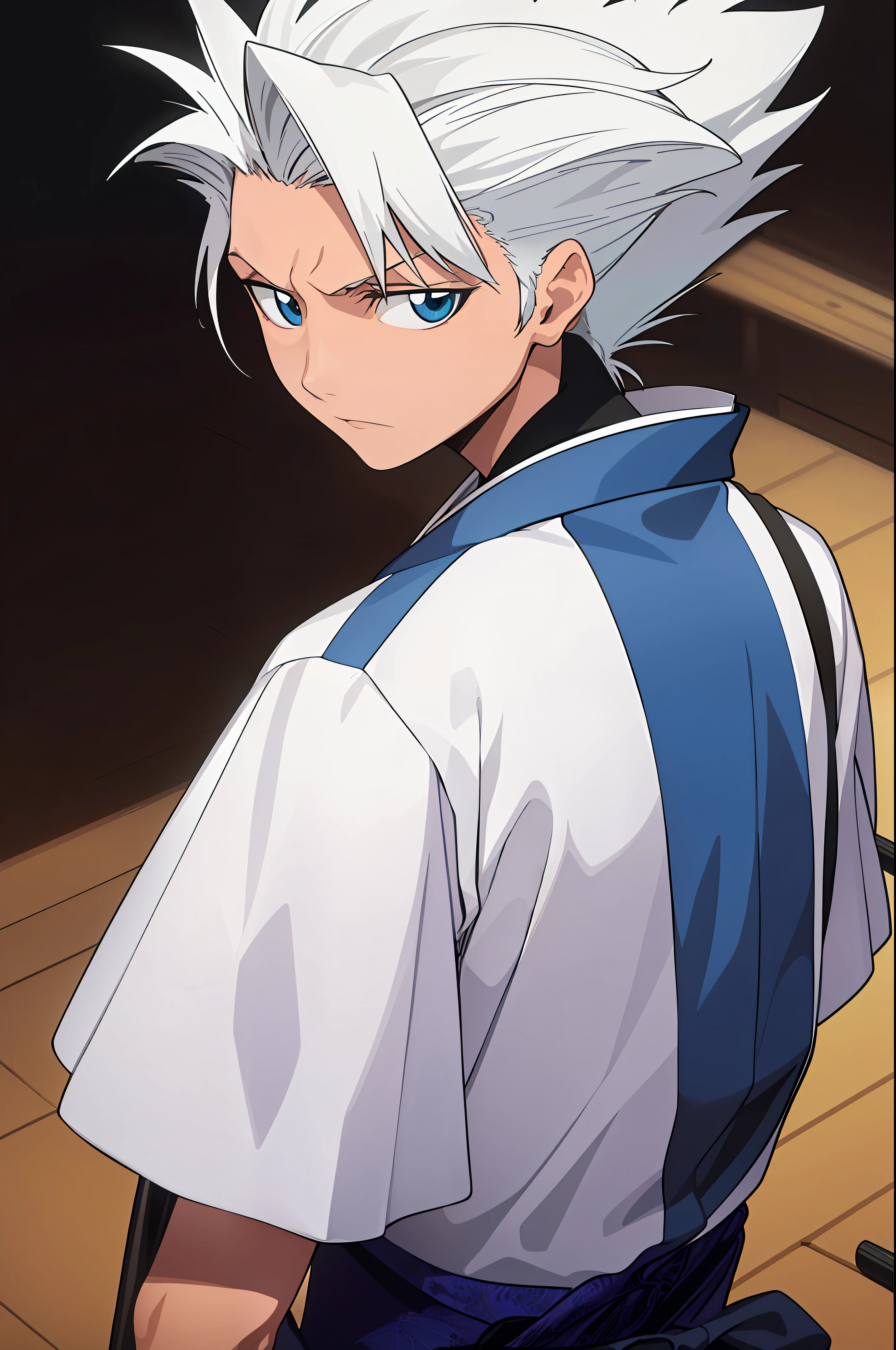 (masterpiece, superior quality, best quality, official art,), very detailed, more detailed, looking at viewer,Toushirou Hitsugaya,upper body,solo,wearing kimono,(1boy:1.3),katana, god, white hair, (bright blue eyes), psychopath look, movie scene, daylight, prominent face in the scene,