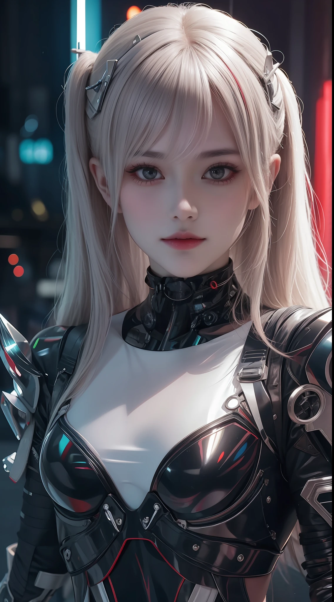 8K uhd, materpiece, a beautiful girl, detaild eye, good face, detaild eyebrow, cyberpunk outfit, white outfit, cyberpunk, Cyberspace, cyberpunk shining background, neon effect, Spreading lighting, red lighting, whole body capture,