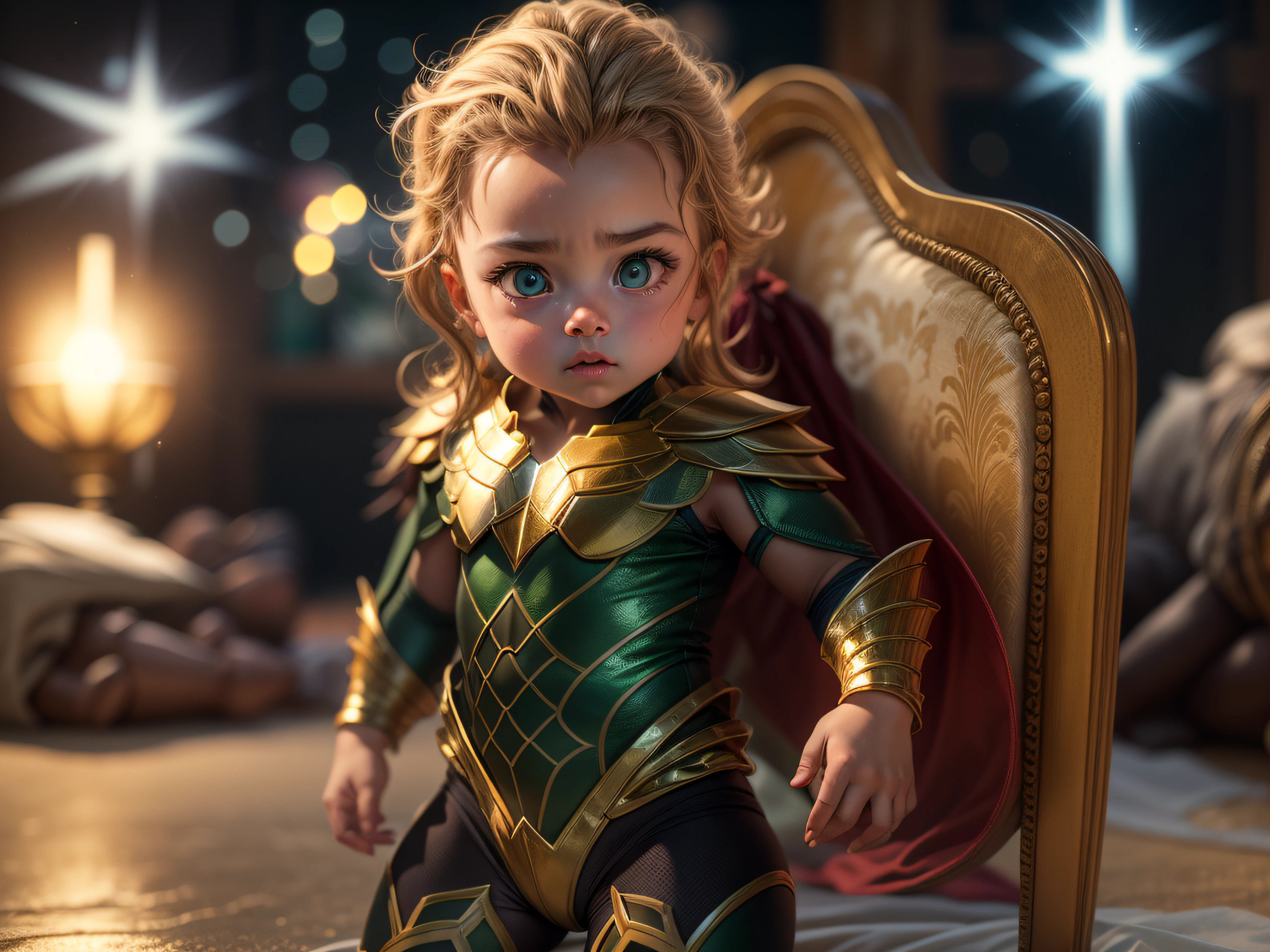 Close a powerful threat, The graceful appearance of a baby Aquaman dressed in green and gold uniform in a manger;, menacing stare, ricamente detalhado, Hiper realista, 3D-rendering, obra-prima, NVIDIA, RTX, ray-traced, Bokeh, Night sky with a huge and beautiful full moon, estrelas brilhando, 8k,
