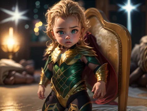 Close a powerful threat, The graceful appearance of a baby Aquaman dressed in green and gold uniform in a manger;, menacing star...
