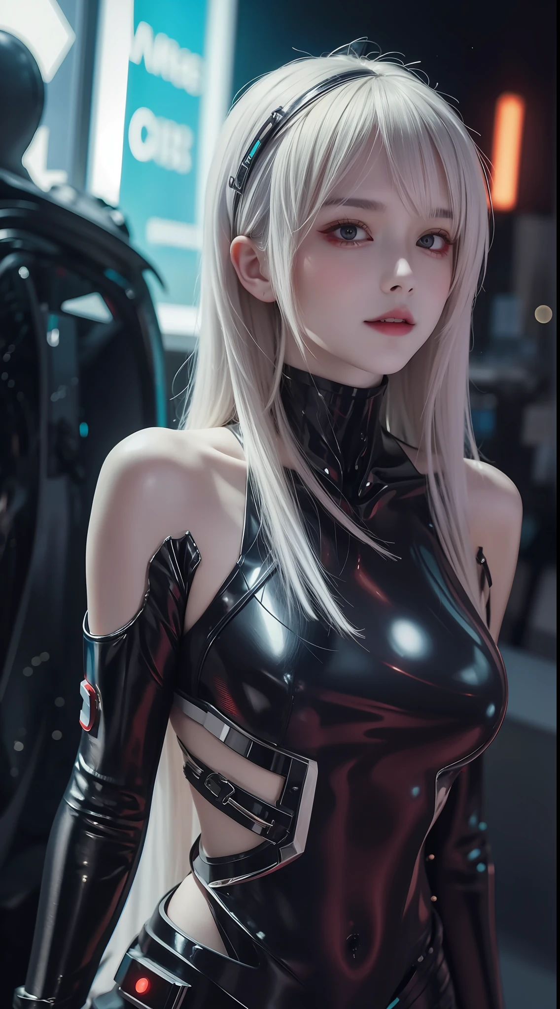 8K uhd, materpiece, a beautiful girl, detaild eye, good face, detaild eyebrow, cyberpunk outfit, white outfit, cyberpunk, Cyberspace, cyberpunk shining background, neon effect, Spreading lighting, red lighting, whole body capture, full image,