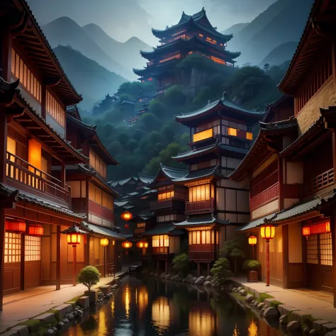 arafed view of a chinese village at night with a lot of lights, dreamy chinese town, ancient chinese architecture, cyberpunk chinese ancient castle, chinese architecture, japanese town, japanese city, chinese village, beautiful render of tang dynasty, japa...