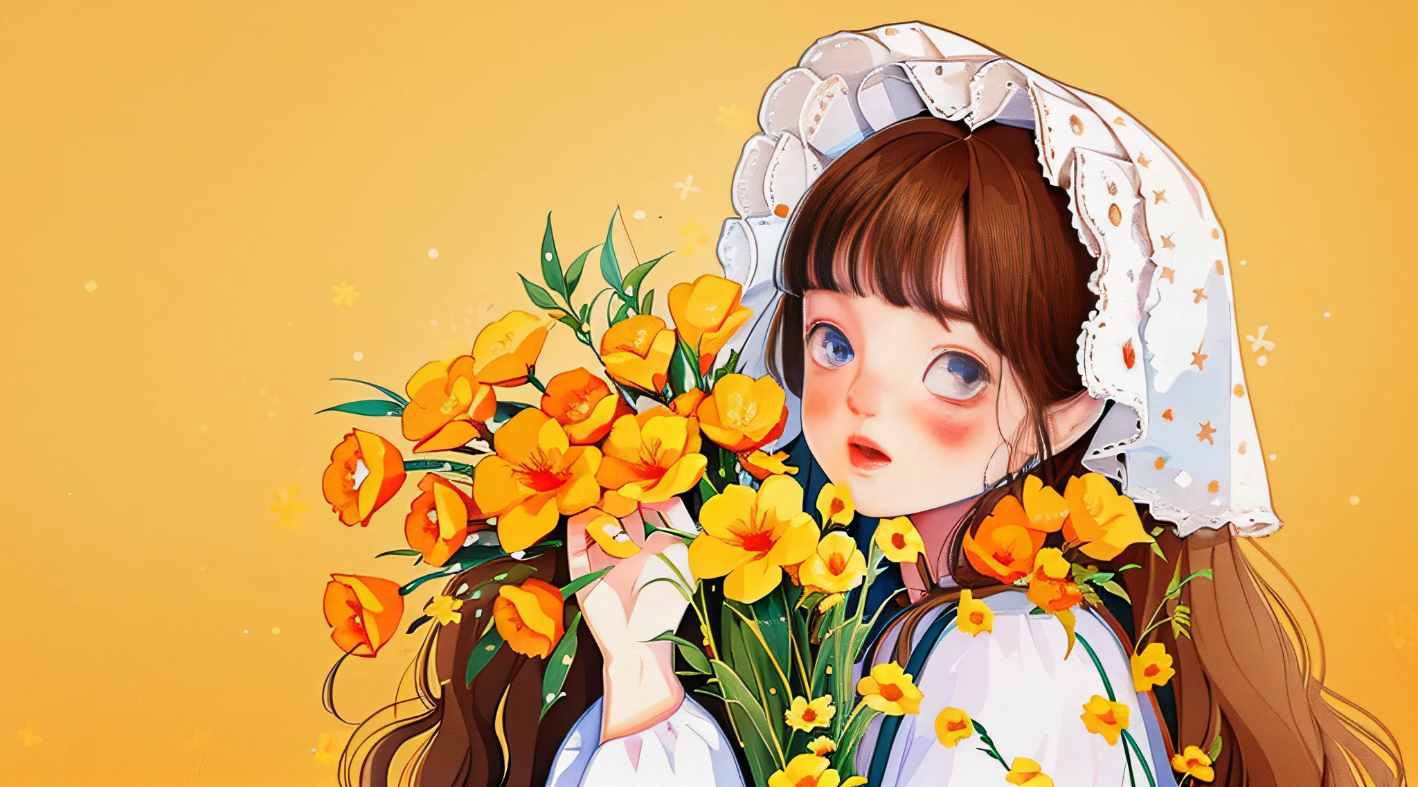 yxycolor,
1girl, solo, long hair, brown hair, flower, freckles, bonnet, looking at viewer, yellow flower, simple background, upper body, bangs, ribbon, blush, shirt, white shirt, holding flower, blue eyes, holding, red lips