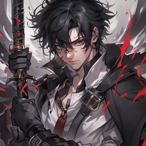 (male character:1.2), (black coat, white undershirt), (black hair, scar on forehead:1.1), (black long sword at waist), (red long...