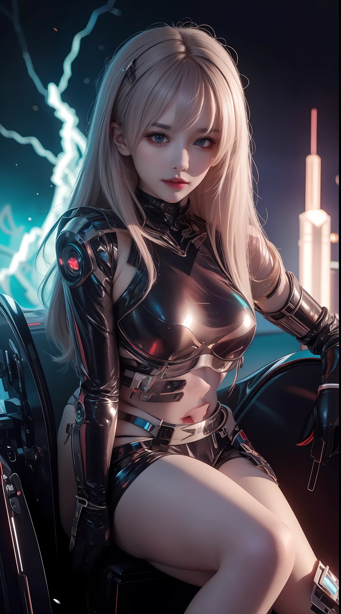 8K uhd, materpiece, a beautiful girl, detaild eye, good face, detaild eyebrow, cyberpunk outfit, lightning outfit, cyberpunk, Cyberspace, cyberpunk shining colorful background, neon effect, Spreading lighting, red lighting, sitting, body capture,