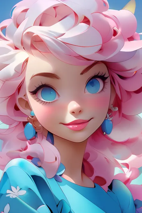 (nijiftb), 
a cartoon character with a pink hair and blue eyes wearing a blue dress and pink earrings and a blue dress with pink...