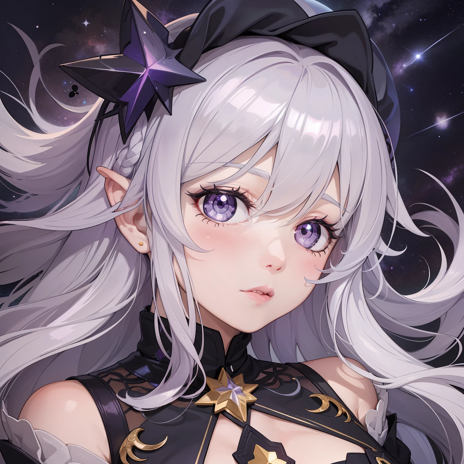 Personagem muito Kwai, with white hair that lights up the galaxy around them, e olhos com pupilas em formato de estrela, purpleish color, in the fetal position, highlighting hair and the surrounding starry sky