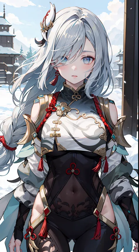 shenhedef, upper body, seductive look, blush, outdoors, snowflake scenery, looking at viewer, cloudy, moody lighting, (perfect detail eyes:1.2), glowing eyes, (long hair one braid:1.2), elemental skill effect, (Masterpiece, Best Quality, High Quality:1.4), professional artwork, Intricate Details, field of view, sharp focus, detailed painting, photorealistic lighting, trending on pixiv, (vivid lighting, vibrant colors:1.05), realistic shadows, ambient occlusion, (athletic body:1.3), mature woman, 30yo,
