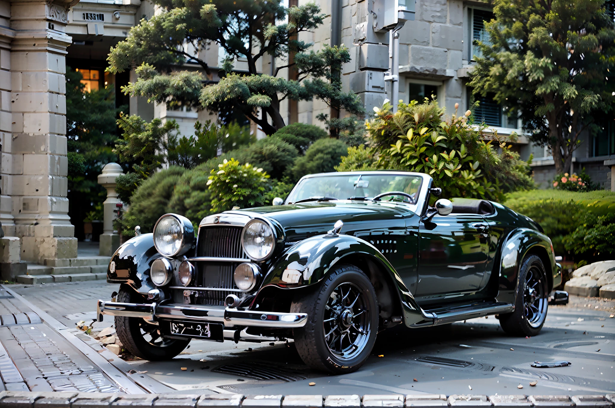 A black car is parked on the street in front of the building., Vintage Stone Martin, by Dave Allsop, classic car, Bolides, vintage - w 1 0 2 4, Triumphant, Vintage Cars, Roadster, classic car, 1 9 3 4, 1934, 1933, 1 9 3 3, 1 9 3 2