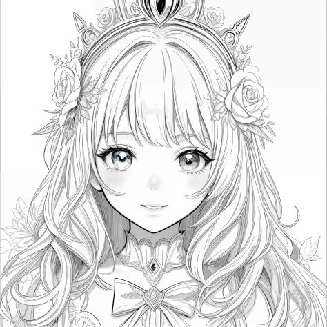 coloring book for kids illustration coloring page of cute baby American girl, no color fill,wear a princess dress, highly detailed hair, face happiness, clean line art, highly detailed, wearing the flora crown, sharp focus, illustration, beautiful eyes, fr...