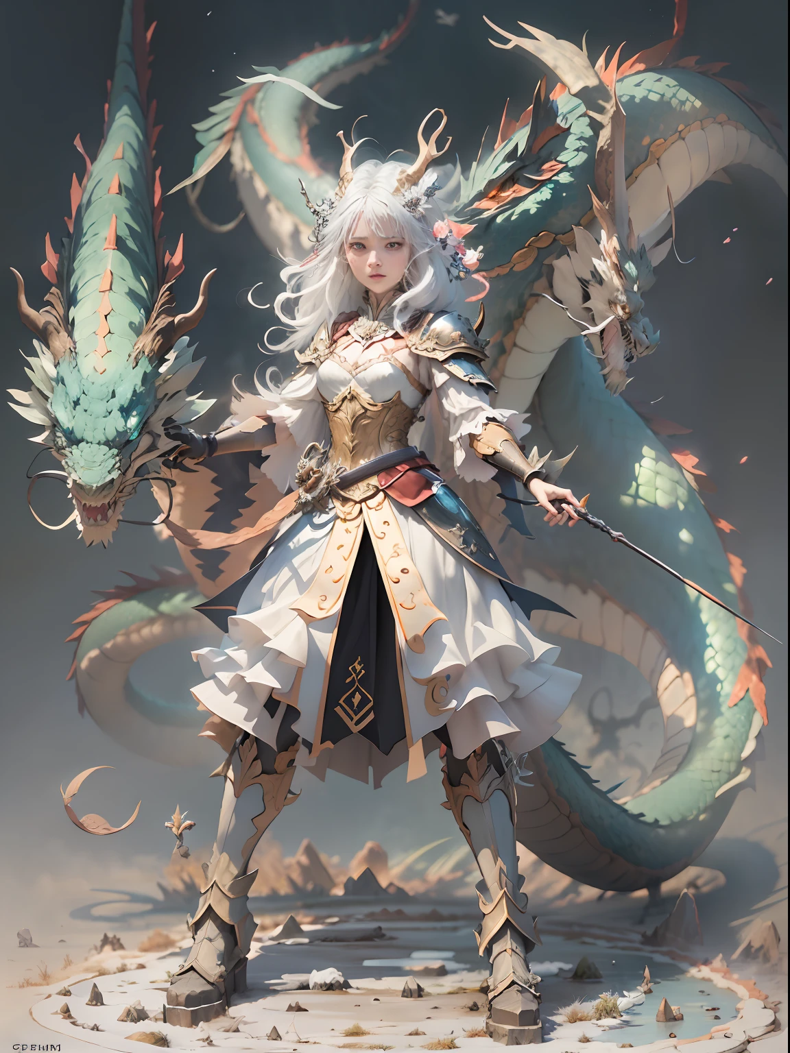 A woman in a white dress holding a sword and a dragon - SeaArt AI