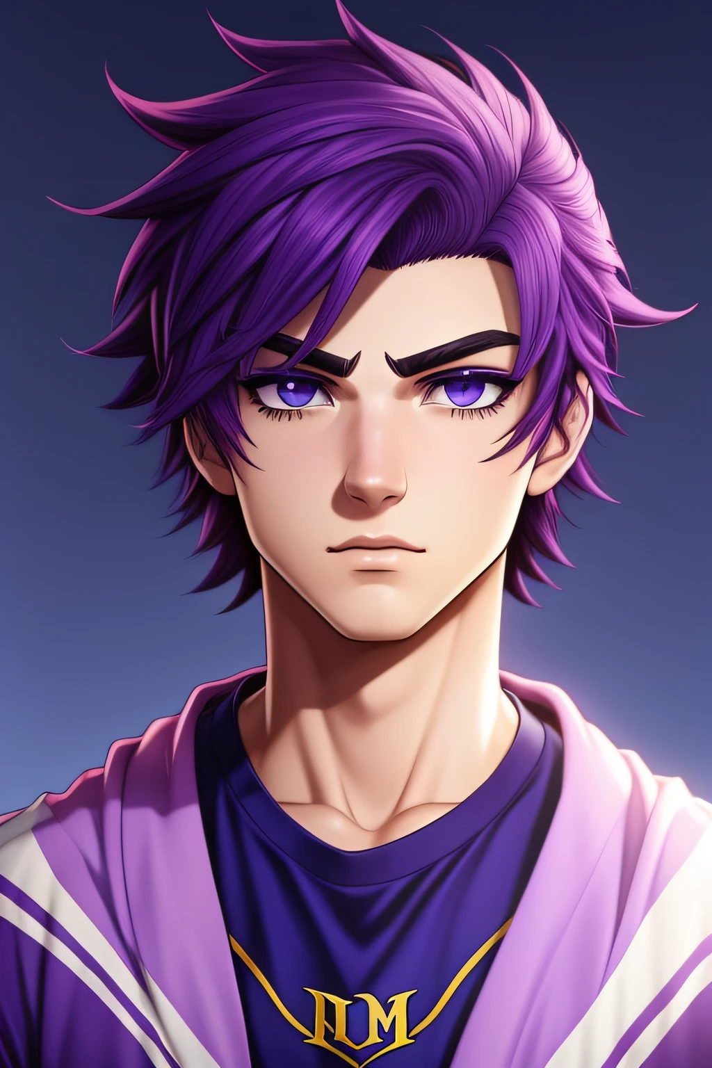 Um Logo ,Avatar de um Personagem Homem, Anime Style ,Adolescente de Cabelo Roxo