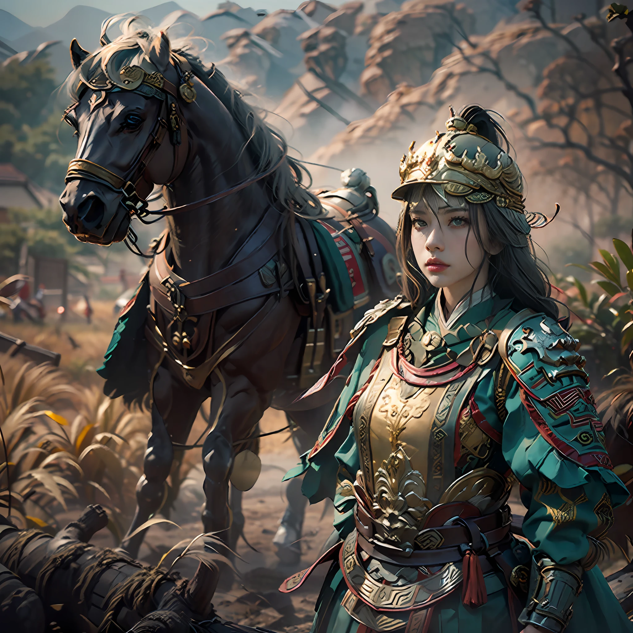 in a panoramic view，sportrait，photorealestic，Modern style，Blue sky, the great wall，3girl，Three American generals，Dressed in gorgeous golden Chinese armor，Golden helmet，Riding a black war horse，holding sabre，Stand in front of the Great Wall，Sharp eyes，professinal，Meistwick，commissioned，best qualtiy，color corrected，After fixation，Retouching，Improvement，Epic，Tone-mapping，the detail， highly  detailed， digitial painting， art  stations， Conceptual map of the long dam， Smoothness， Sharp focus， Beautiful illustration， photore， The light from the back window is backlighted， 动态照明， Mist， 复杂， cinematic grain， professinal， face to the viewer，（Beautiful m3d_woman， Perfect M3D_face,）， Volumetriclighting， subsurfacescattering， Good highlights， Good shadows， cinematic ligh